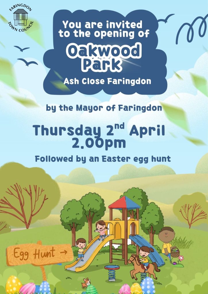 Poster for Oakwood Playpark Opening: Thursday 2nd April 2026 at 2pm, followed by Easter Egg Hunt